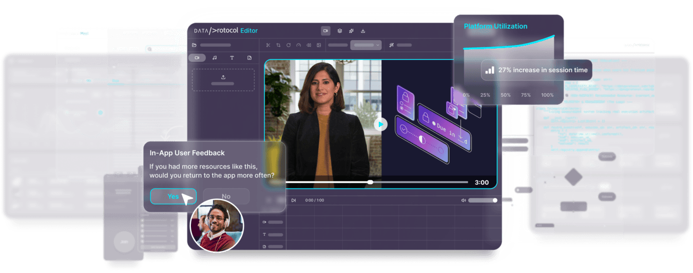 Data Protocol Editor with video training, in-app user feedback, platform utilization graph, and 27% increase in session time